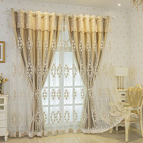 Amidoudou 1 Pair European Double Layer Curtains with Valance for Living Room Bedroom 3D Flower Embroidered Curtains (Grey,51x84 Inch) in Saudi Arabia