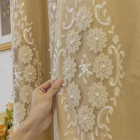 Amidoudou 1 Pair European Double Layer Curtains with Valance for Living Room Bedroom 3D Flower Embroidered Curtains (Grey,51x84 Inch) in Saudi Arabia