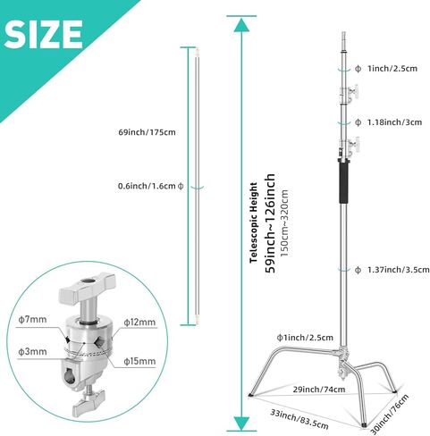 LAPGOOD Stainless Steel Heavy Duty C-Stand with Boom Arm Max Height 10.8ft/330cm,Adjustable Photography Light Stand with 4.2ft/128cm Holding Arm+2 Pieces Grip Head+Sandbag+Storage Bag in Kuwait