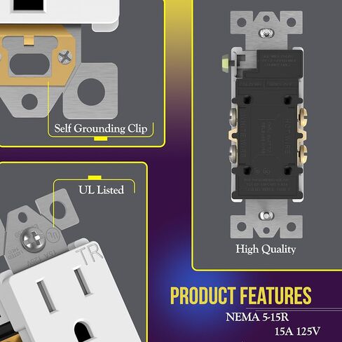 منفذ وعاء حائط ديكوراتور من ENERLITES، منفذ حائط كهربائي قياسي مقاوم للتلاعب، درجة سكنية، 3 أسلاك، أرضي ذاتي، 2 قطب، 15 أمبير 125 فولت، مدرج في قائمة UL، 61501-TR-W-10PCS، أبيض (10 عبوات) in Kuwait