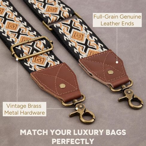 Crossbody Strap Top Grain Leather Ends Brass Metal Hardware 2" Wide Shoulder Strap Replacement for Handbags Purses Messenger Duffel Bags Adjustable Length from 35" to 58" - Retro Jacquard Spades Heart in Kuwait