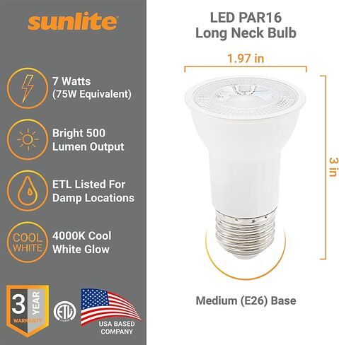 لمبة كشاف LED PAR16 طويلة الرقبة من Sunlite، 7 وات، (استبدال الهالوجين 75 وات)، 500 لومن، قاعدة متوسطة (E26)، قابلة للتعتيم، مدرجة في قائمة ETL، 2700 كلفن أبيض ناعم، 6 عبوات in Saudi Arabia