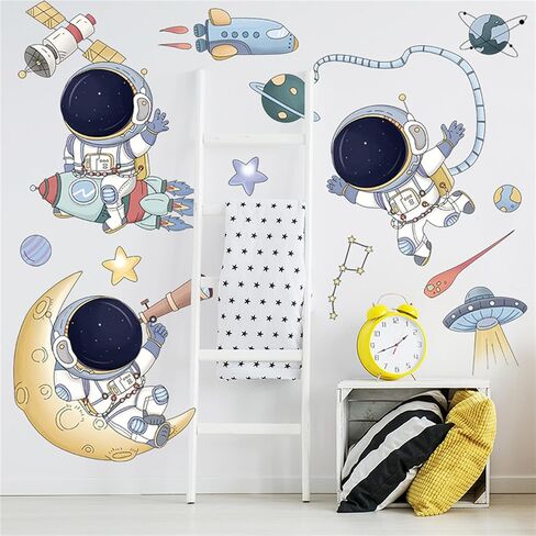 WAFT YEARN Removable Astronaut Space Ship Universe Outer Space Planet Star Wall Decal Vinyl Wall Sticker Decor for Nursery School Classroom Bedroom Bathroom Boys Girls Room Playroom Home Decor in Kuwait