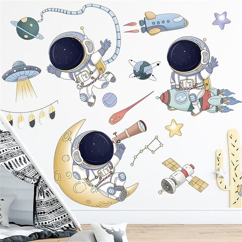 WAFT YEARN Removable Astronaut Space Ship Universe Outer Space Planet Star Wall Decal Vinyl Wall Sticker Decor for Nursery School Classroom Bedroom Bathroom Boys Girls Room Playroom Home Decor in Kuwait