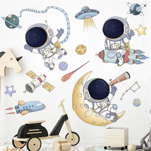 WAFT YEARN Removable Astronaut Space Ship Universe Outer Space Planet Star Wall Decal Vinyl Wall Sticker Decor for Nursery School Classroom Bedroom Bathroom Boys Girls Room Playroom Home Decor in Kuwait