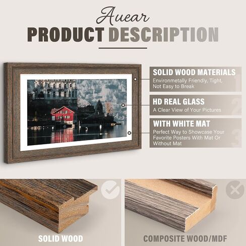 AUEAR, Solid Wood 18X24 Poster Frame - Displays 16X20 Pictures with Mat or 18X24 Without Mat, Wide Moulding Frame for Wall Mounting Display, Photo Frames (Black, 1 Pack) in Saudi Arabia