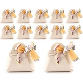 MEIKLE 12 Pack PU Leather Ribbon Candy Gift Bags Wedding Candy Box Birthday Party Favor Bags for Baby Showers Christmas Halloween (Beige,12pcs)