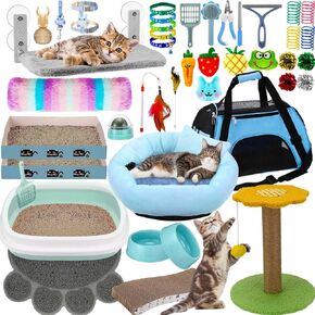 Locmeo 40 Pcs Kitten Starter Kit for Indoor Cats Include Cat Litter Box Cat Toys, Cat Collars, Cat Bed Scratch Pad, Nail File Feed Bowls and More for Kitten Supplies Cat Accessories Welcome Gift
