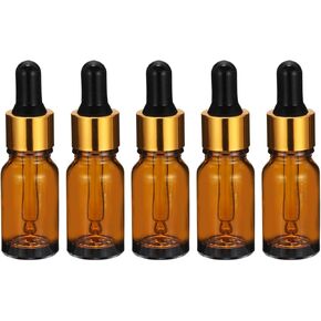 PATIKIL 15ml Glass Dropper Bottle, 5Pcs Leakproof Golden Cap Essential Oils Sample Liquid Perfume Container with Eye Dropper for Storage Home Travel, Amber