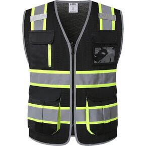 JKSafety 9 Pockets High Visibility Safety Vest for Men and Women Zipper Front with Hi-Vis Reflective Strips Meets ANSI/ISEA Standards (130-Black, Large)
