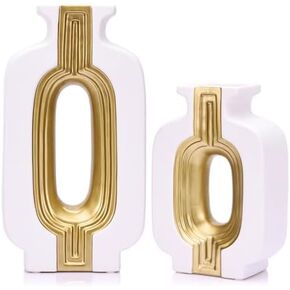 Square Black Vase, Ceramic Black and Gold Vase Set of 2, Modern Boho Decorative Vases for Kitchen, Bedroom, Office, Living Room, Bathroom, & Shelf Decor, Centerpiece Table Decorations