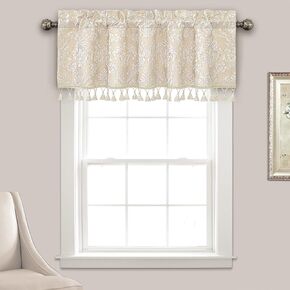 Loom and Mill Jacquard Window Valance for Living Room Bedroom, Damask Floral Curtain Valances with Tassels, Window Treatment Valances for Party Christmas Holiday Banquet Decor(54x18 in, Beige+White)