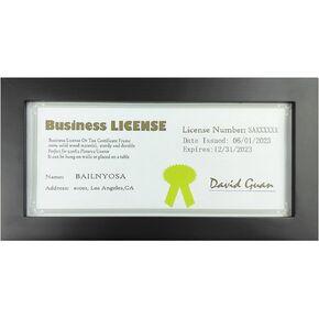 bailnyosa Wood Frame for 4x9 Business License Certificate with Plexiglass. Table & Wall Mount Display, Black