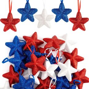 24pcs 4th of July Star Ornaments for Tree - Independence Day Star Hanging Ornaments Blue Red Mini Tree Ornaments for Independence Day Labor Day Christmas Tree Decor