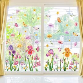 Whaline 6 Sheets Colorful Spring Window Clings Flower Butterfly Window Stickers Anti-Collision Window Clings Decals for Fall Home Kid Room Classroom Decor Baby Shower Birthday Party Supplies