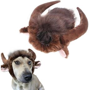 Halloween Dog Horn Wig Soft Bull Dog Costumes Winter Warm Hat Dog Wig Clothes Pet Funny Ox Hat Dog Cat Horn Headgear Accessories Cosplay Bull Mane for Medium to Large Dogs Outfit (Medium)