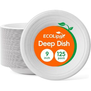 ECOLipak 125 Pack Paper Plates 10 inch Deep Dish 100% Compostable Plates Heavy-Duty Dinner Plates Disposable Bagasse Natural Biodegradable Eco-Friendly Sugarcane Plates(Brown)