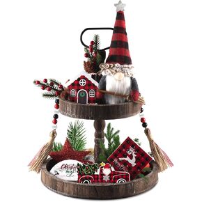 Valentine's Day Tiered Tray Decor - 9 Pcs Farmhouse Decorations Gnomes Plush, Wooden Signs, Bead Garland for Home Table