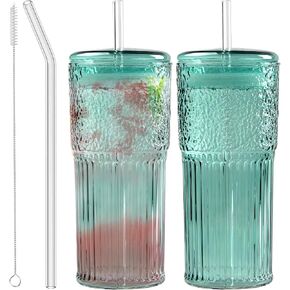 Glass Coffee Cups with Lids and Straws, 20 OZ Pink Iced Water Glasses Tumblers for Ice Juice, Tea, Milk, Smoothie and Cold or Hot Drinks, Set of 2