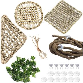 PINVNBY Bearded Dragon Hammock with Suction Cups,Lizard Lounger Natural Seagrass Reptiles Hammocks Reptile Tank Accessories Jungle Plants Climber Vines Leaves Habitat Decor for Lizards Chameleon Gecko