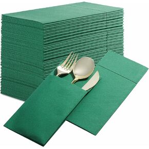 50-Pack Disposable Linen-Feel Dinner Napkins with Built-in Flatware Pocket, BRIGHT RED Prefolded Cloth Like Paper Napkins For Christmas, Dinner, Wedding Or Party [Silverware NOT Included]