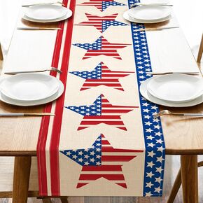 Seliem Memorial Day 4th of July Patriotic Table Runner, America Veterans Day White Blue Red Stripes Stars Kitchen Dining Table Decor, American Home Decoration Indoor Outdoor Party Supply 13 x 72 Inch