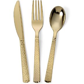 Perfect Settings 300 Pieces Gold Plastic Cutlery Set - Gold Metallic Plastic Silverware with a Hammered Finish - Tableware Set (75 Plastic Spoons, 75 Plastic Knives, 150 Plastic Forks)