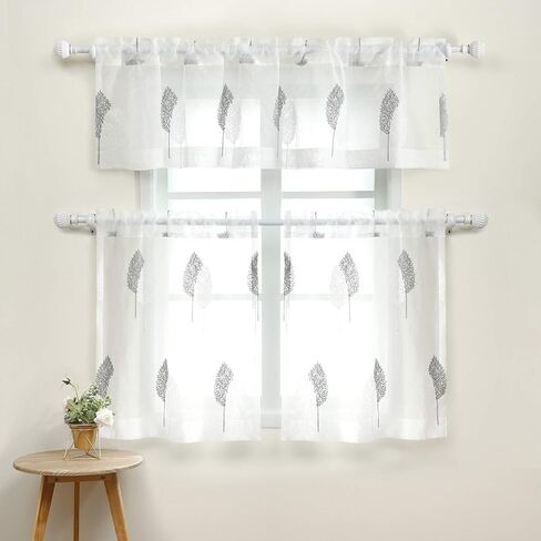 VOGOL Embroidered Sheer Curtain Tier & Valance Set for Living Room, White Rod Pocket Sheer Window Curtain Tier Pair, 3 Pieces, Grey and White Leaves in Kuwait