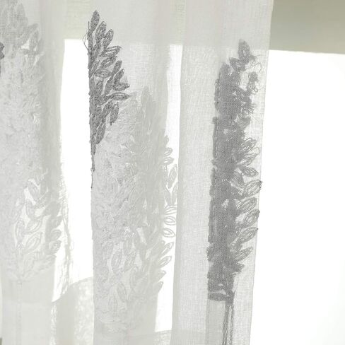 VOGOL Embroidered Sheer Curtain Tier & Valance Set for Living Room, White Rod Pocket Sheer Window Curtain Tier Pair, 3 Pieces, Grey and White Leaves in Kuwait