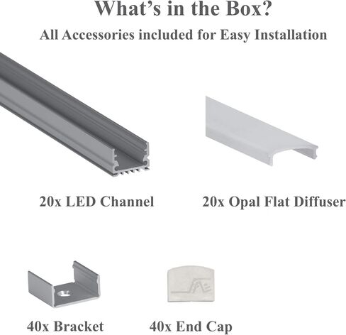 LEDPROFILES 5-pack 8ft (2.4Meter) Spotless LED Aluminum Channel with Frosted Flat Diffuser, End Caps and Mounting Accessories - 961 Series - LED Profile Extrusion Upto 16mm/0.63" wide LED Strip Lights in Saudi Arabia
