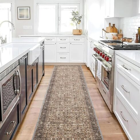 سجاد غرفة المعيشة RYB HOME مقاس 8 × 10، سجادة كبيرة قابلة للغسل على شكل زهور لغرفة النوم، سجادة كلاسيكية ناعمة غير قابلة للانزلاق مقاومة للبقع لغرفة الطعام والمكتب والمزرعة، 8 × 10 قدم، بني in Kuwait