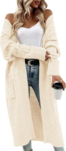 Onedreamer Womens Long Cardigan Cable Knit Open Front Long Sleeve Sweater Coats with Pockets in Kuwait