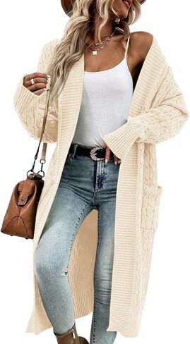 Onedreamer Womens Long Cardigan Cable Knit Open Front Long Sleeve Sweater Coats with Pockets in Kuwait