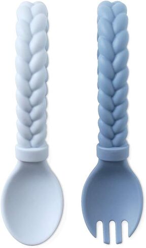 Itzy Ritzy Silicone Spoon & Fork Set; Baby Utensil Set Features A Fork and Spoon with Looped, Braided Handles; Made of 100% Food Grade Silicone & BPA-Free; Ages 6 Months and Up, Camo/Midnight in Kuwait