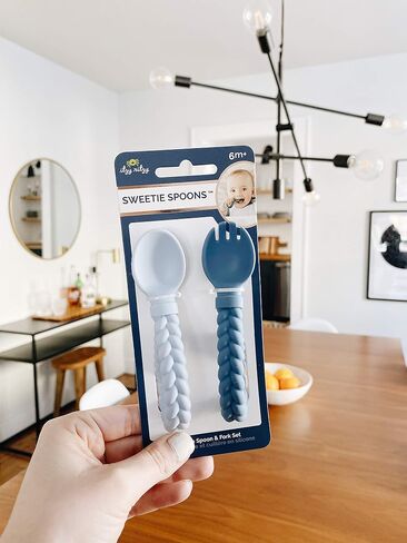 Itzy Ritzy Silicone Spoon & Fork Set; Baby Utensil Set Features A Fork and Spoon with Looped, Braided Handles; Made of 100% Food Grade Silicone & BPA-Free; Ages 6 Months and Up, Camo/Midnight in Kuwait
