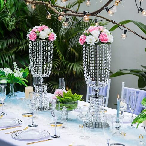 2 Pcs 23.75 inches Tall Crystal Metal Vase Flower Stand Holders Wedding Centerpiece Chandelier for Reception Tables Wedding Supplies in Saudi Arabia