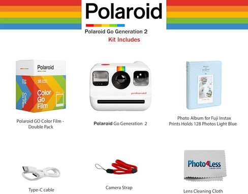 مجموعة كاميرا Polaroid Go Generation 2 للأفلام الفورية مع فيلم Polaroid GO الملون، وحزمة مزدوجة وألبوم صور لمطبوعات Instax + القماش (4 قطع) (أبيض) in Kuwait