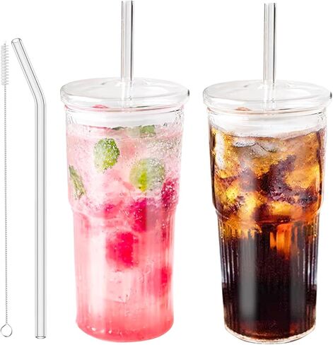 Glass Coffee Cups with Lids and Straws, 20 OZ Pink Iced Water Glasses Tumblers for Ice Juice, Tea, Milk, Smoothie and Cold or Hot Drinks, Set of 2 in Saudi Arabia