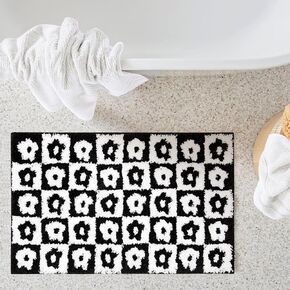 Cute Floral Checkered Bath Mat Non Slip Rubber Backed 16’’W x 24’’L, Vibrant Yellow Geometric Checkerboard Daisy Flower Boho Bathroom Rugs Shaggy Absorbent Shower Floor Mat Machine Washable