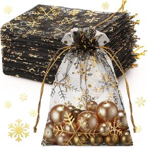 100 Pcs Christmas Snowflake Organza Gift Bags 4 x 6 Inch Small Mesh Jewelry Pouches Mini Drawstring Candy Bags Goody Bag Organza Favor Bags for Christmas, Winter Party, Jewelry, Festival (Black)