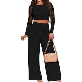 MOEENCN Women's 2 Piece Outfit Casual Lounge Set Comfy Rid Knit Crop Top and Flare High Waisted Pants Sweatsuit Tracksuit