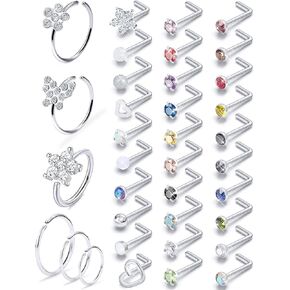 Prjndjw 20G Nose Rings Studs Surgical Steel Nose Studs Glow Dark Heart Opal CZ Flower Nose Piercing Jewelry Nose Rings for Women Straight Bend L Shaped Nose Rings 38Pcs 6.5mm Nose Piercing Kit