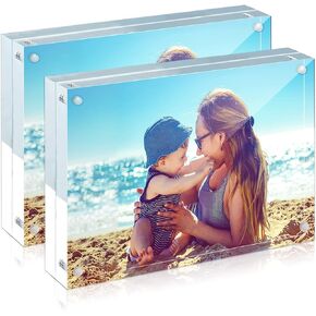 HELPLEX Acrylic Frame, 2 Pack 4x6 Acrylic Picture Frames, 20mm Thicker Frameless Clear Frame Double Sided Magnetic Frame, Free Standing Desktop Display Stand Acrylic Frames