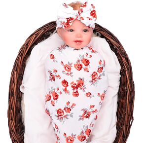 Newborn Swaddle Blanket, Baby Receiving Blanket Wrap with Headband for 0-3 Month Baby Girl and Boy(Blue), One size