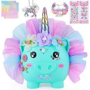 Piggy Bank for Girls Large Unicorn Piggy Banks with Necklace Bracelet DIY Stickers Cute Coin Piggybank Unbreakable for Toddler Kids Christmas Birthday Gifts, Blue Purple Dress