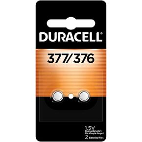 Duracell 376/377 Silver Oxide Button Battery, 2 Count Pack, 376/377 1.5 Volt Battery, Long-Lasting for Watches, Medical Devices, Calculators, and More
