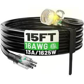 50FT 16 Gauge Black Outdoor Extension Cord Waterproof, 3 Prong Flexible Cold Weatherproof -58℉ Heavy Duty Extension Cord, 13 AMP 1625W SJTW, ETL Listed