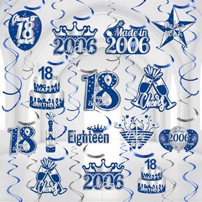 30Pcs Blue 18th Birthday Decorations Navy Blue Silver 18th Birthday Hanging Swirls Banner for Boys Girls Blue Made in 2006 Age Swirls Party Supplies Foil Ceiling Decor for Birthday Anniversary Party