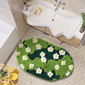 Ouyattle Cute Green Floral Large Bathroom Rugs Bath Mat 3ft Non Slip Washable, Modern Chic Boho Aesthetic Trendy Funky Microfiber Shaggy Tufted Moss Rugs for Bedroom Dorm Nursery Bathroom Kitchen