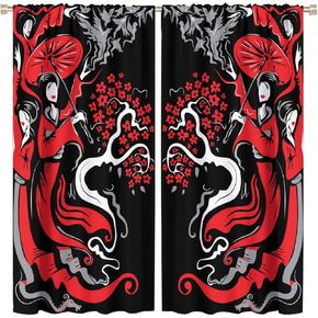 Japanese Style Curtains,Kyoto Geisha Girls Asian Ink Painting Ancient Japan Print Polyester Fabric Curtains for Bedroom Living Room Kitchen Rod Pocket Window Drapes 2 Panels Set 42" x 45"
